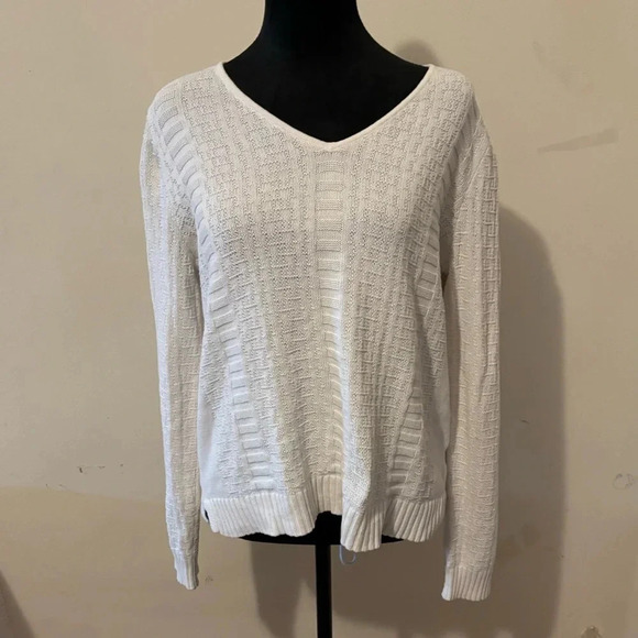 Liz Claiborne Table Texture Sweater White Large V-Neck Long Sleeve - Picture 1 of 8